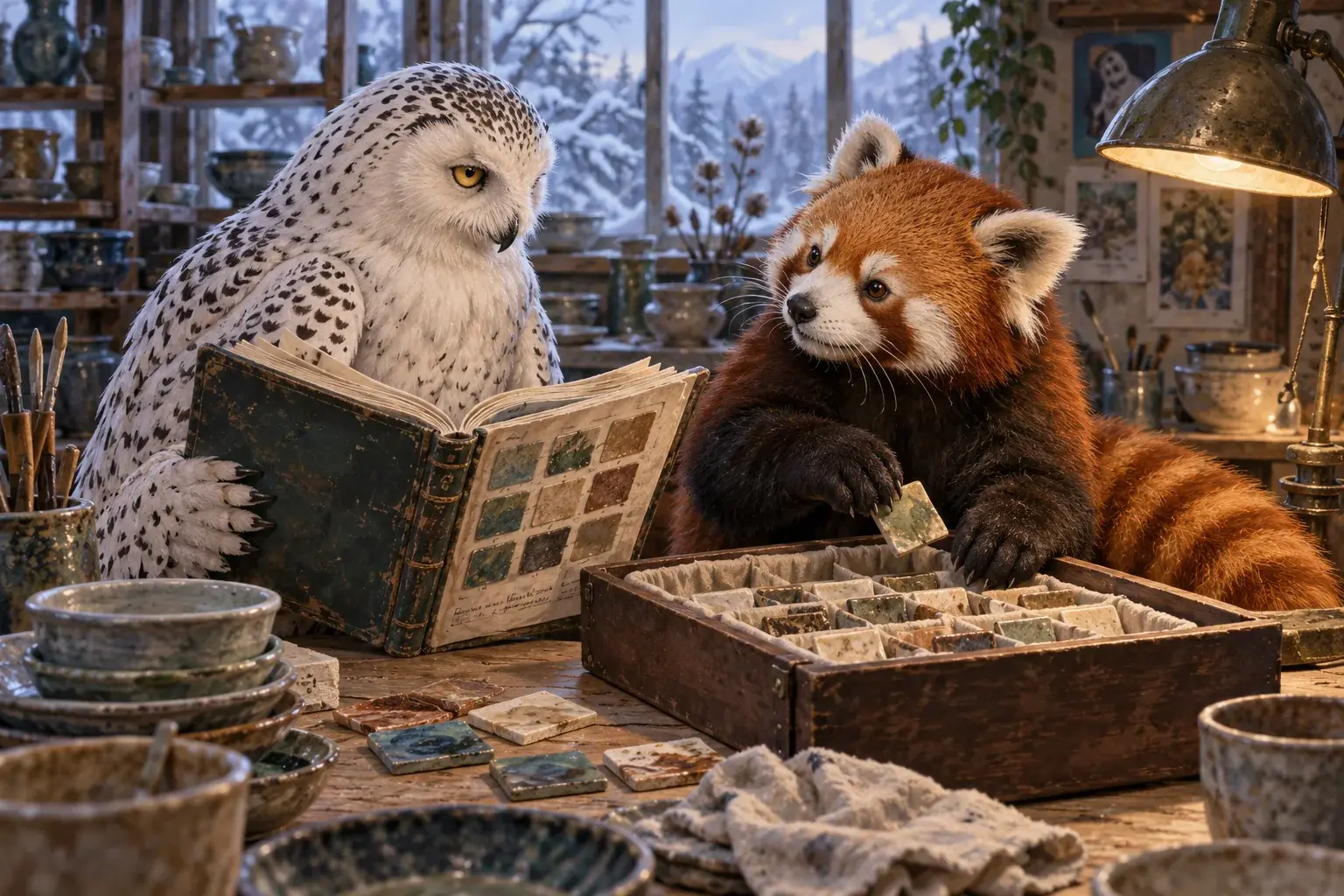 The owl holds a glaze notebook open while the panda packs ceramic test tiles.