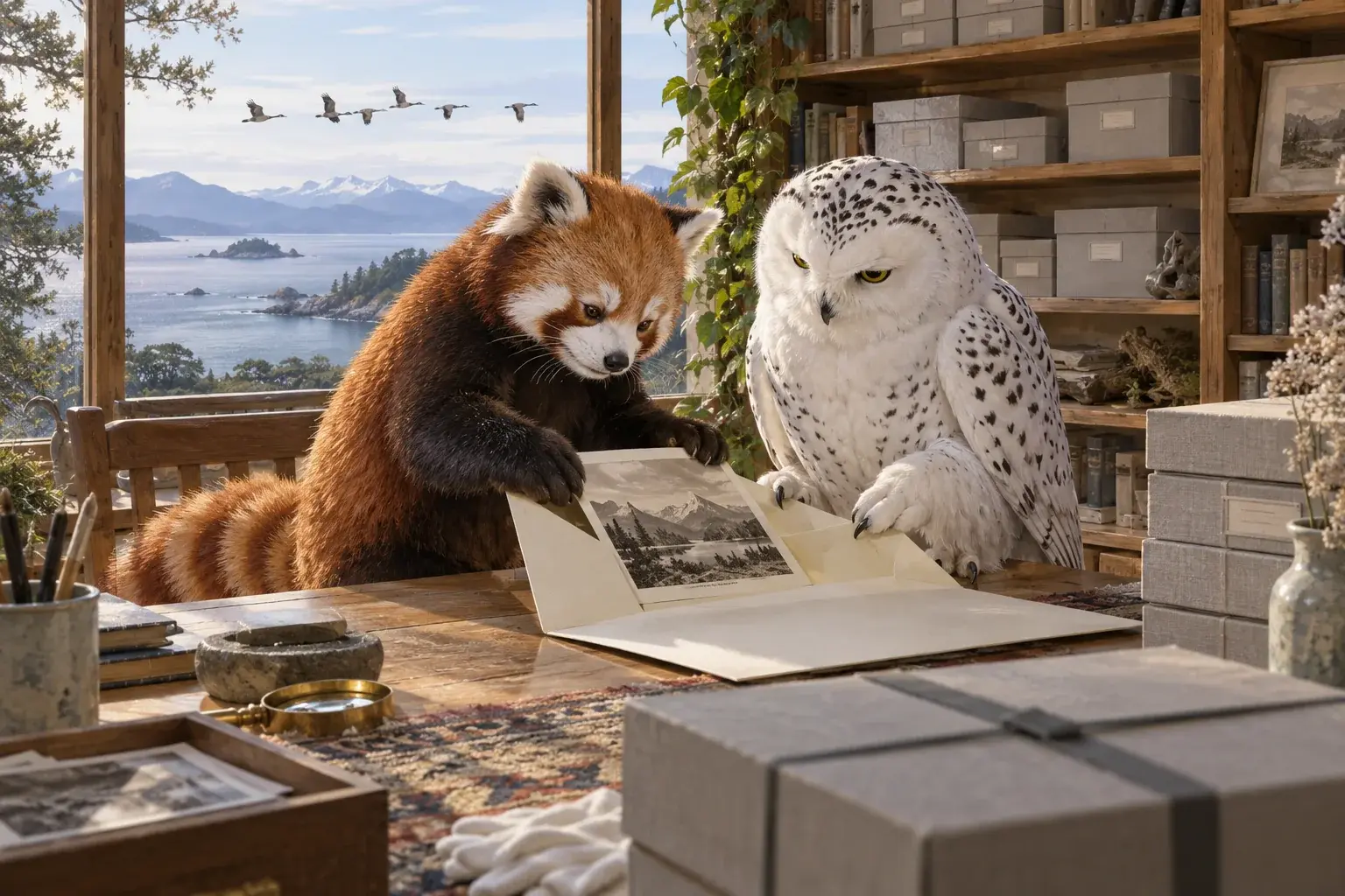 The owl and panda place a photograph in an archive folder as geese pass outside.