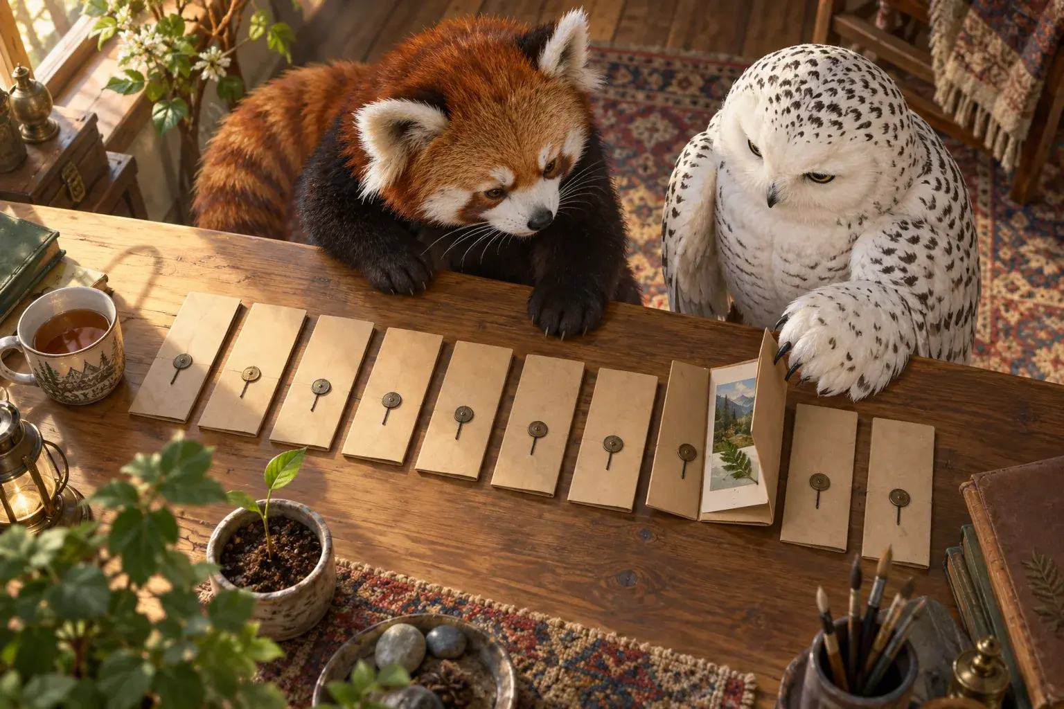 The panda and owl inspect a small set of completed archive folders.