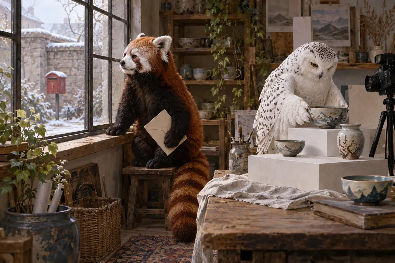 The panda stands by a workshop window while the owl arranges pottery for photographs.