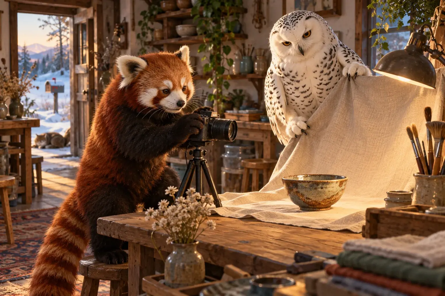 The panda adjusts a camera while the owl steadies a backdrop behind a bowl.