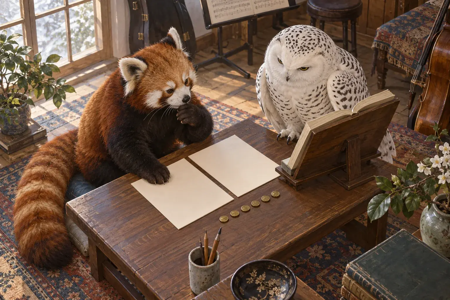The panda compares two notebook pages while the owl keeps a reference book nearby.