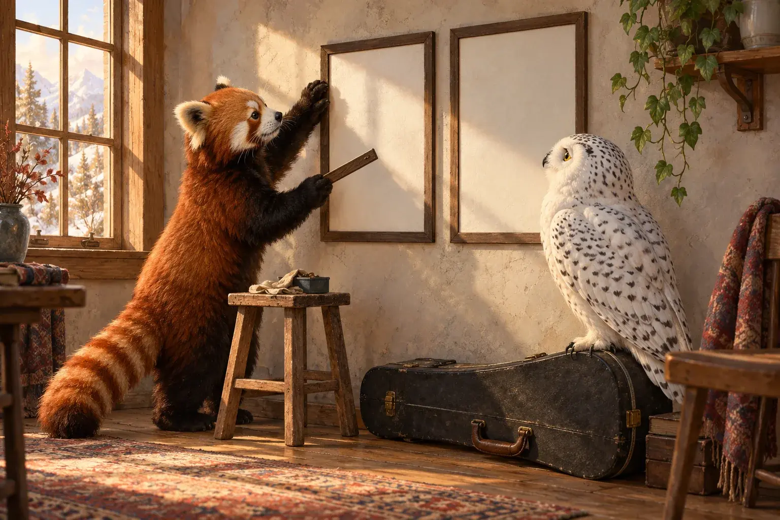 The panda holds a wooden strip beside two blank panels while the owl watches.