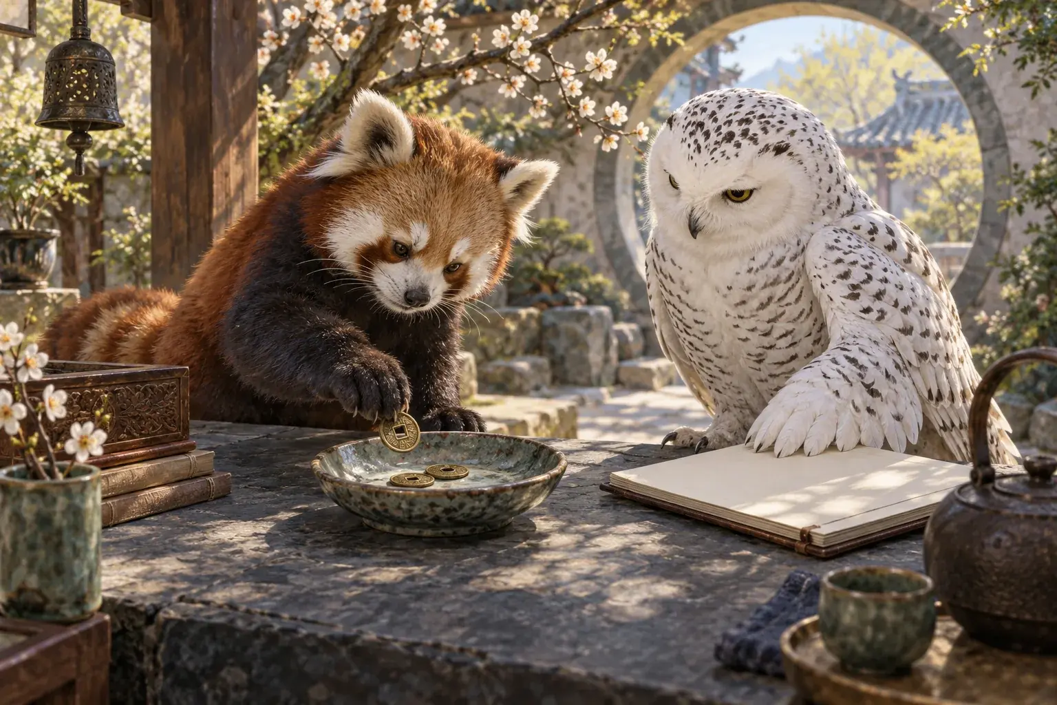 A red panda places three coins in a dish while an owl steadies a notebook.