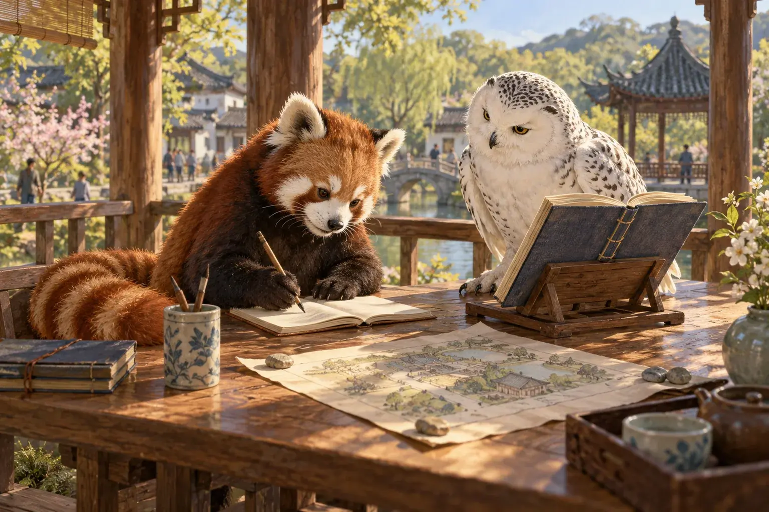 The panda records a consultation beside a venue plan while the owl holds a reference book open.