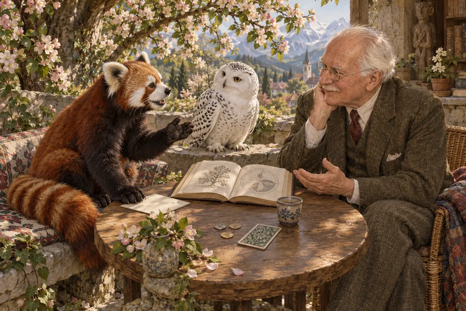 Illustration of Jung listening during a conversation in an orchard.