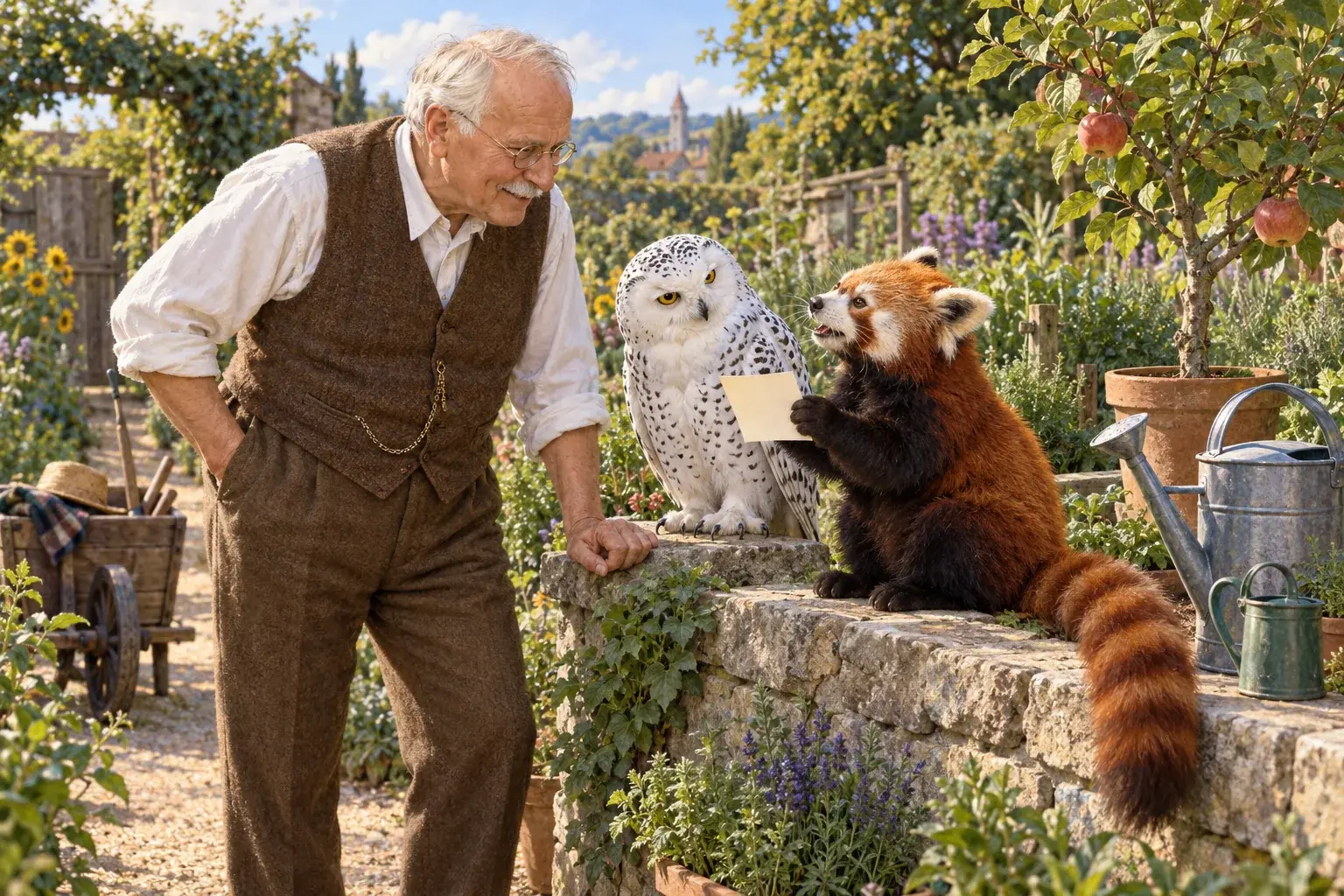Illustration of Jung discussing a note beside a young tree in a community garden.