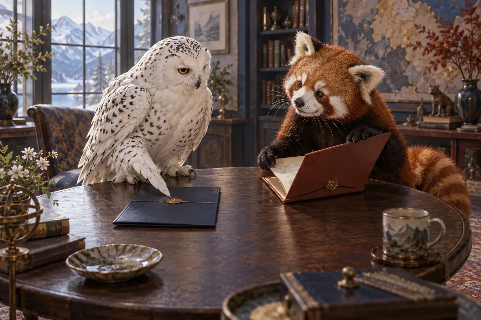 The owl and panda examine two invitation folders on a round table.