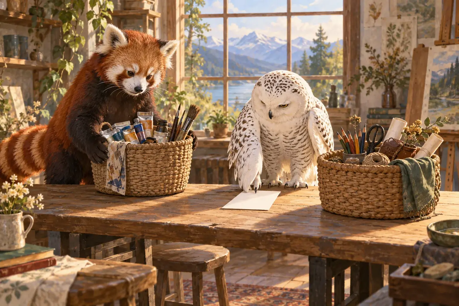 The panda sets two baskets of art materials beside a blank card offered by the owl.