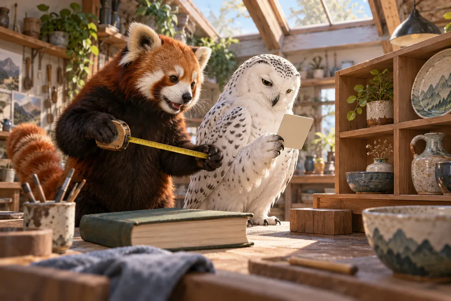 The panda holds a tape measure while the owl examines a note beside a display shelf.