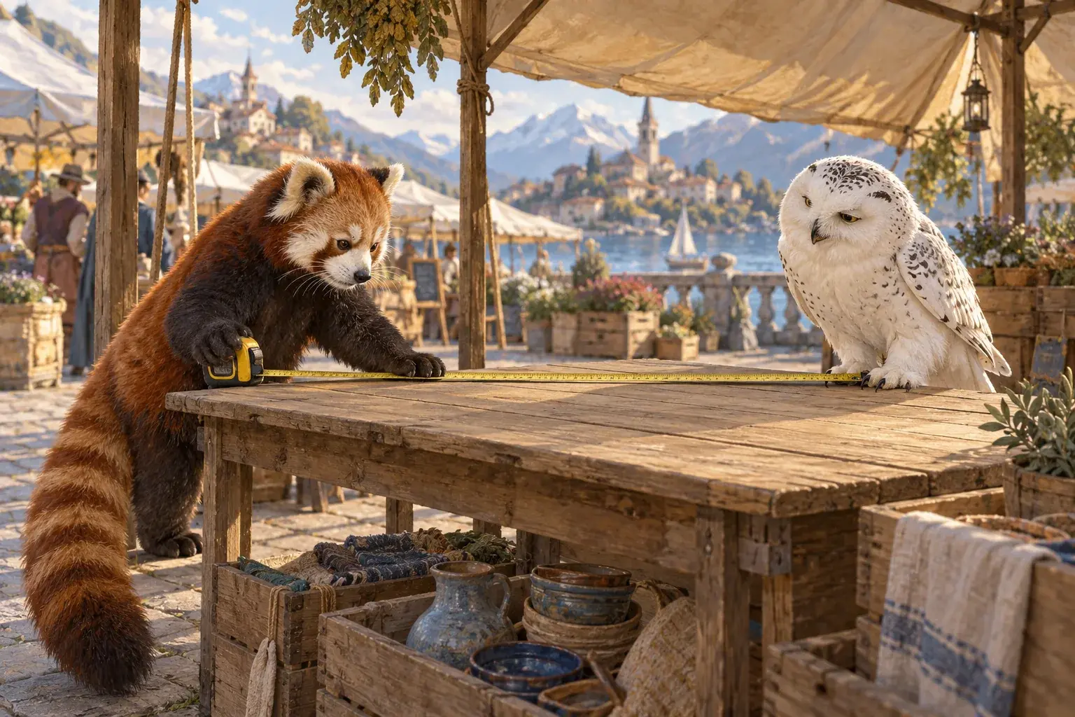 The panda and owl measure an empty table at an outdoor market stall.