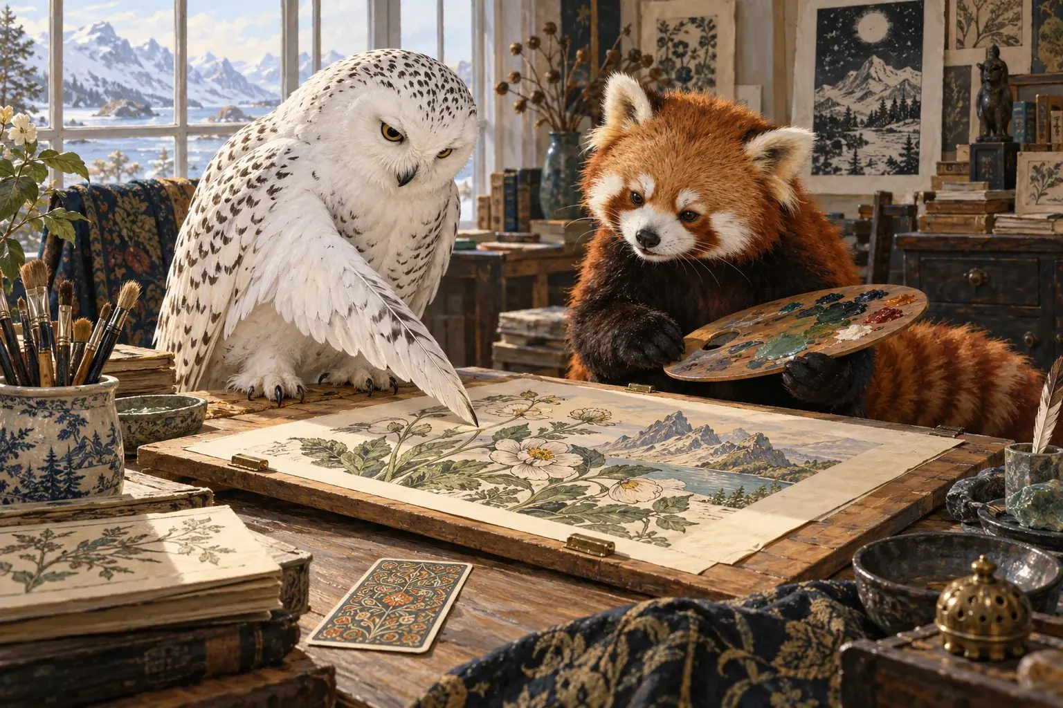 The owl and panda examine a drawing board beside paint brushes and a patterned card.