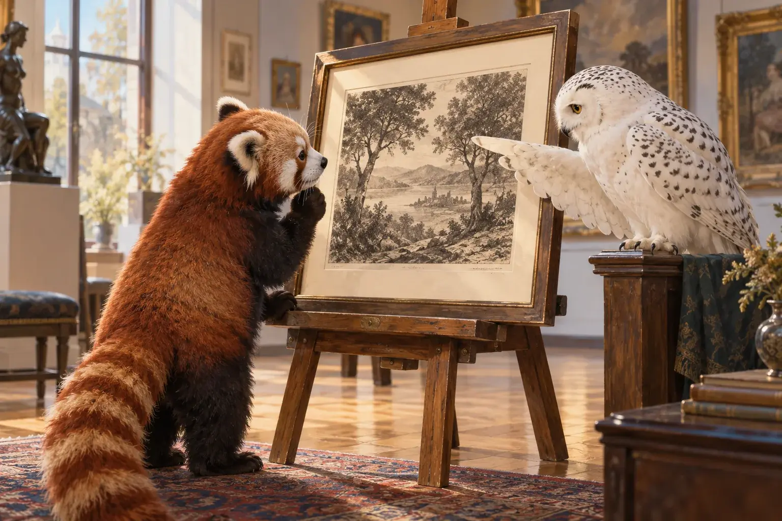 The owl points toward a landscape detail as the panda studies an engraving in a gallery.