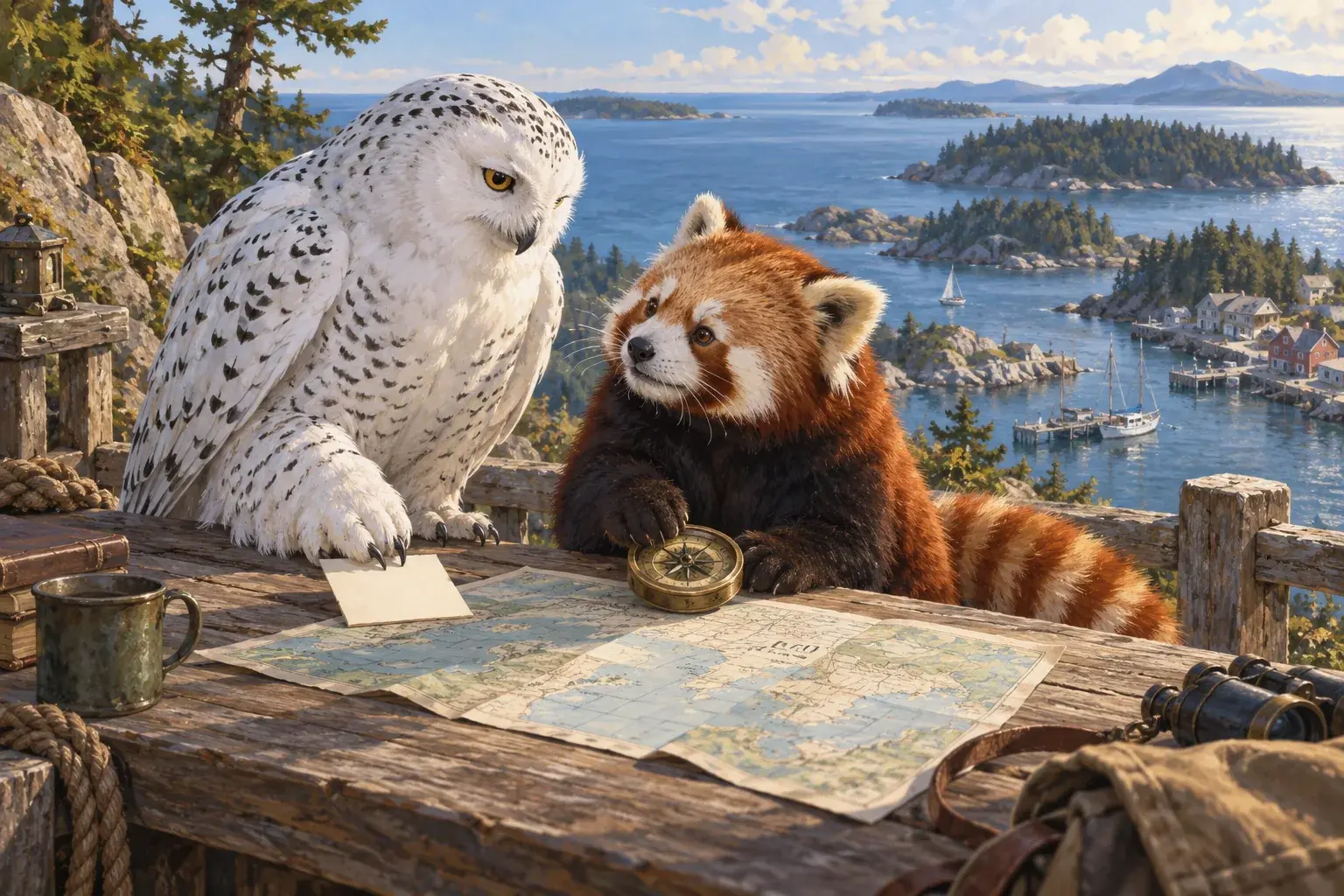 The owl and panda consider a note and a coastal map at a harbor lookout.
