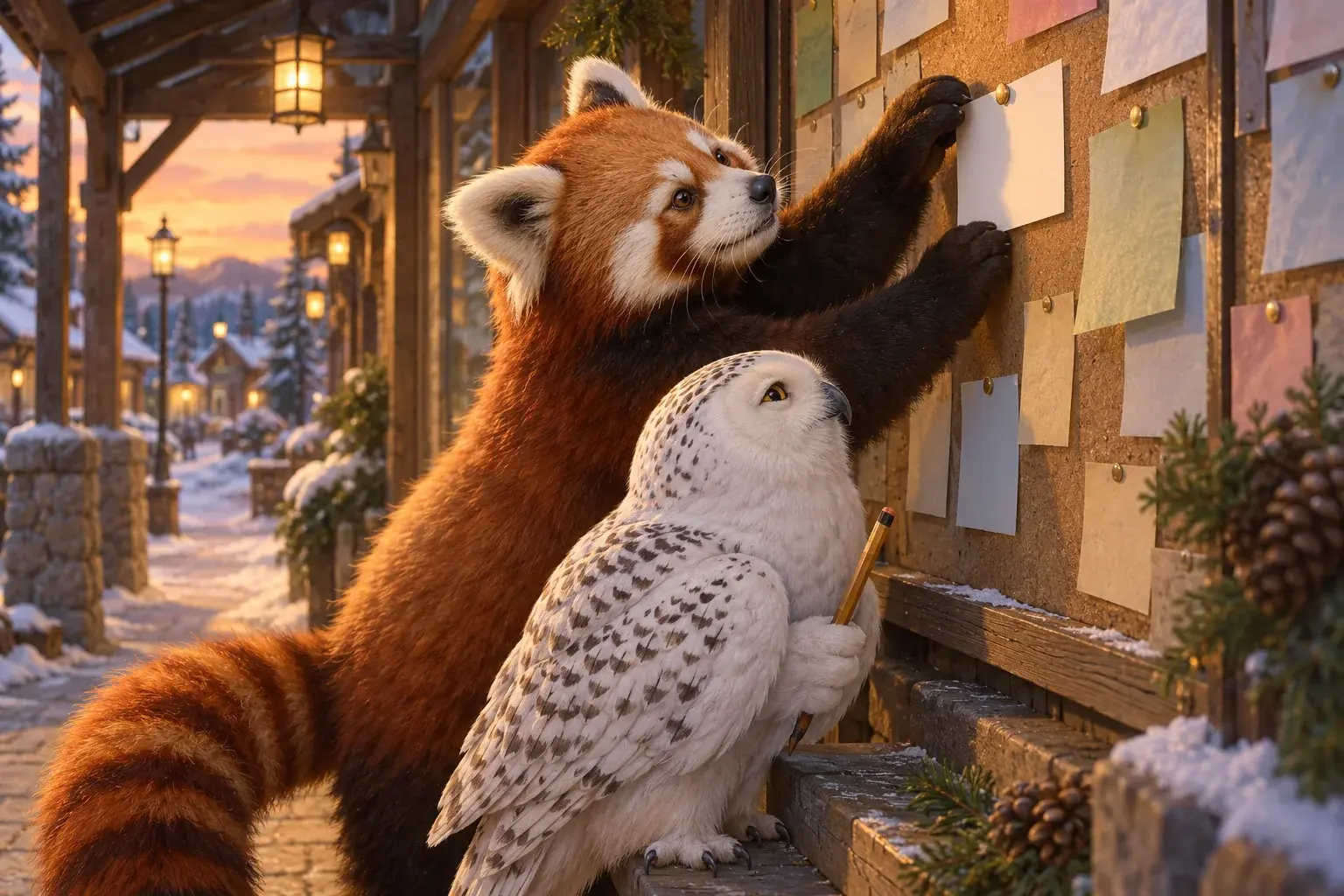 The panda pins a blank card to a noticeboard as the owl holds a pencil.