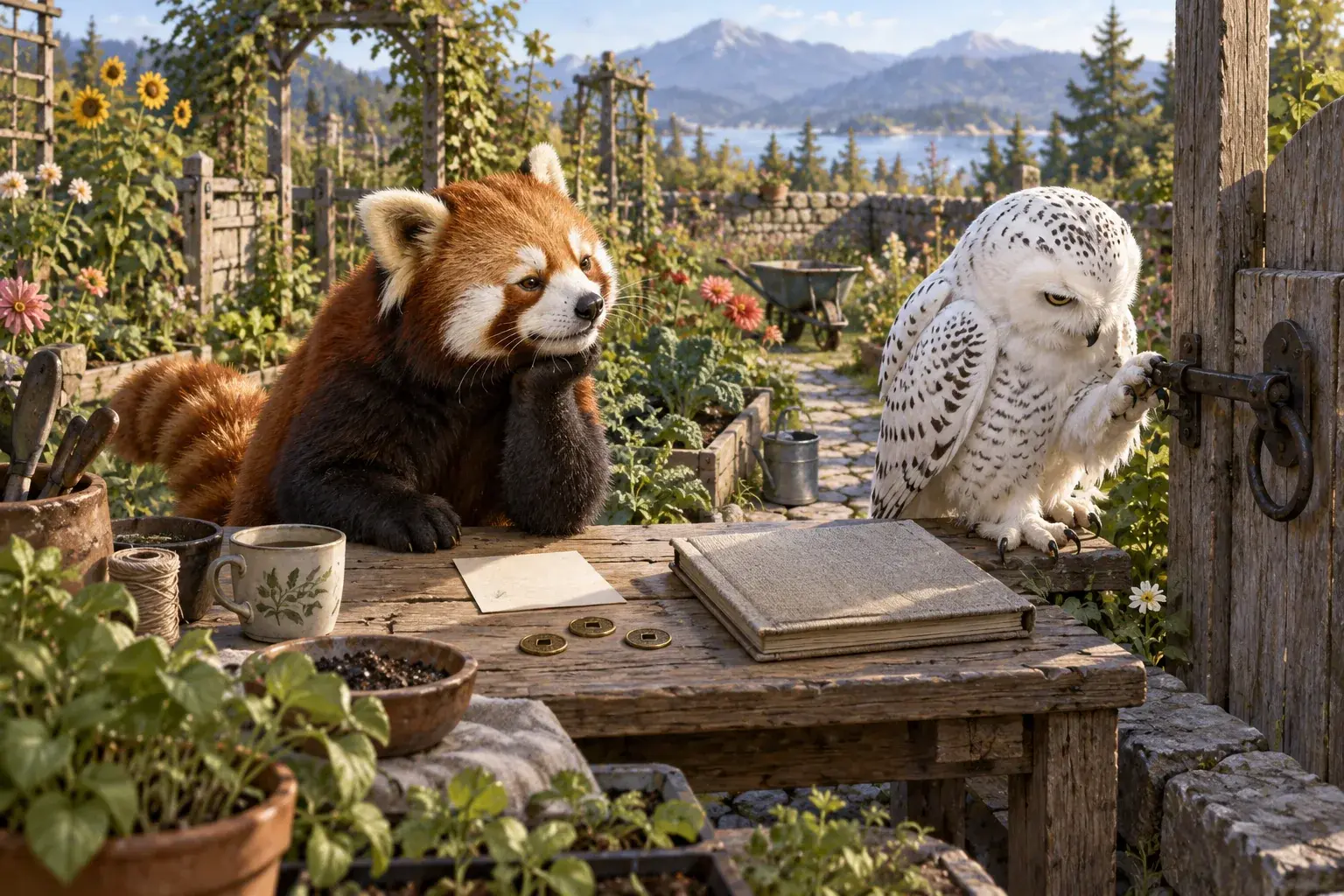 A panda prepares a note and coins beside a garden bench while an owl examines the gate.