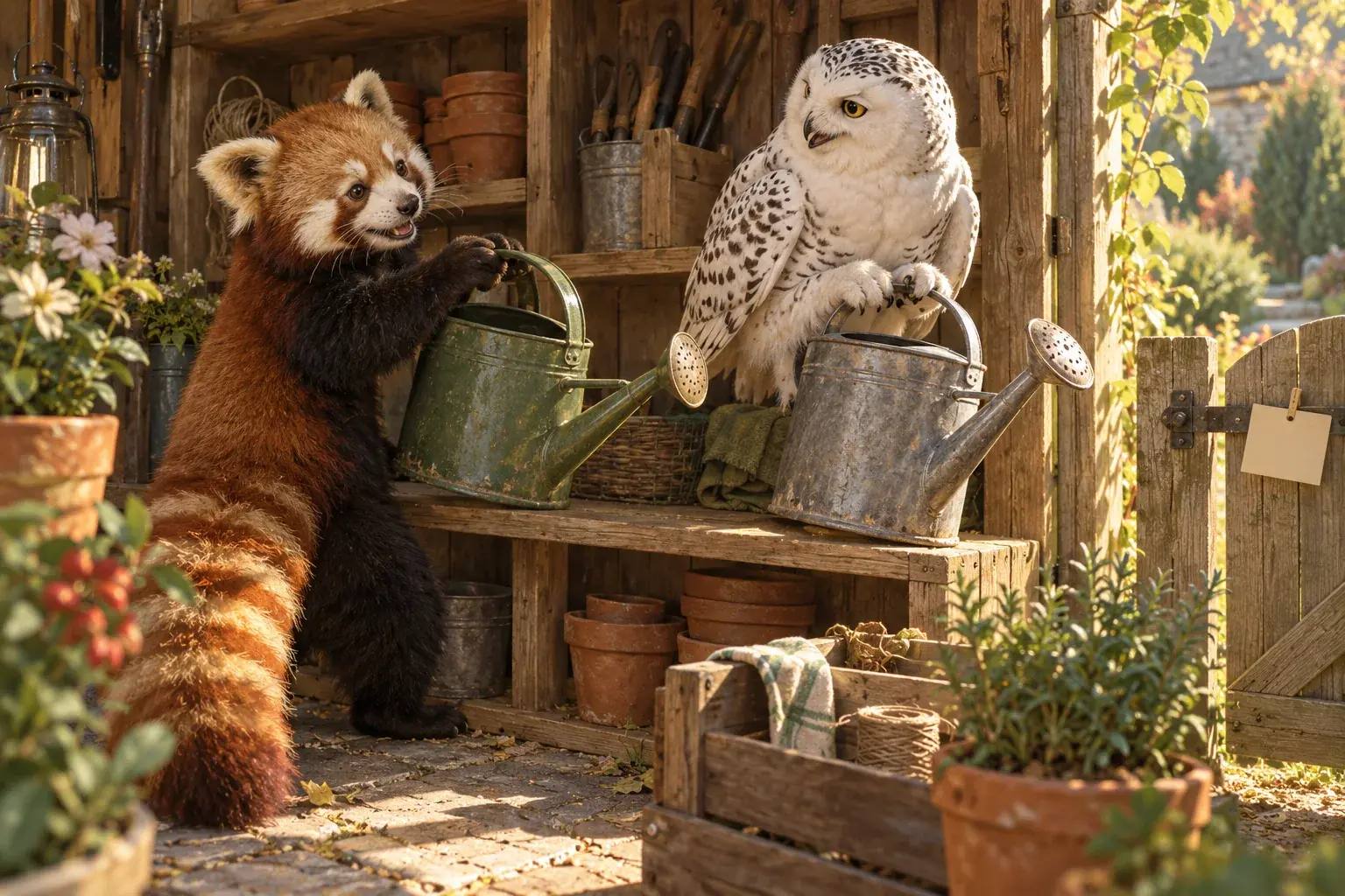 The panda and owl collect two watering cans from a garden tool shelf.