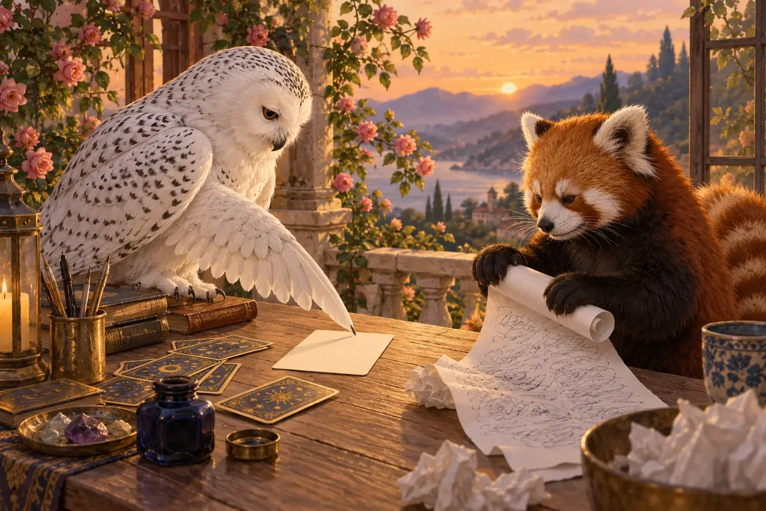 The owl indicates a small note card while the red panda rolls up a longer draft.