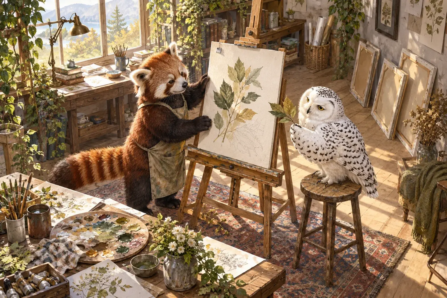 The panda sets one print on an easel while the owl holds a reference leaf.