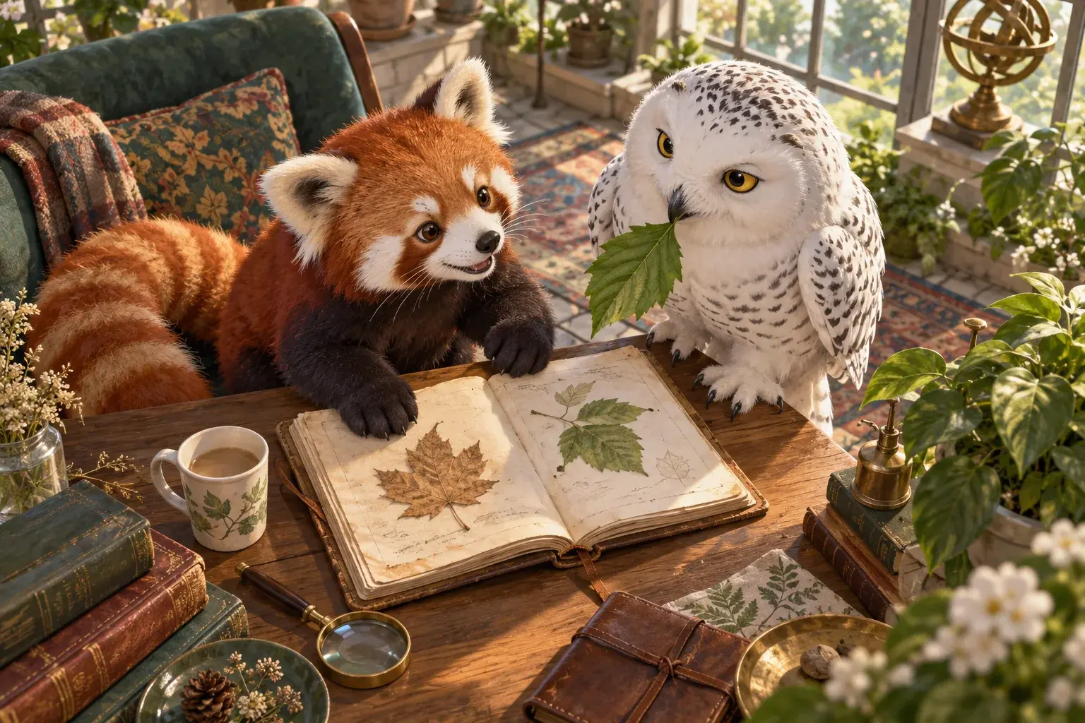 The panda opens a journal while the owl brings a fresh leaf beside a pressed one.