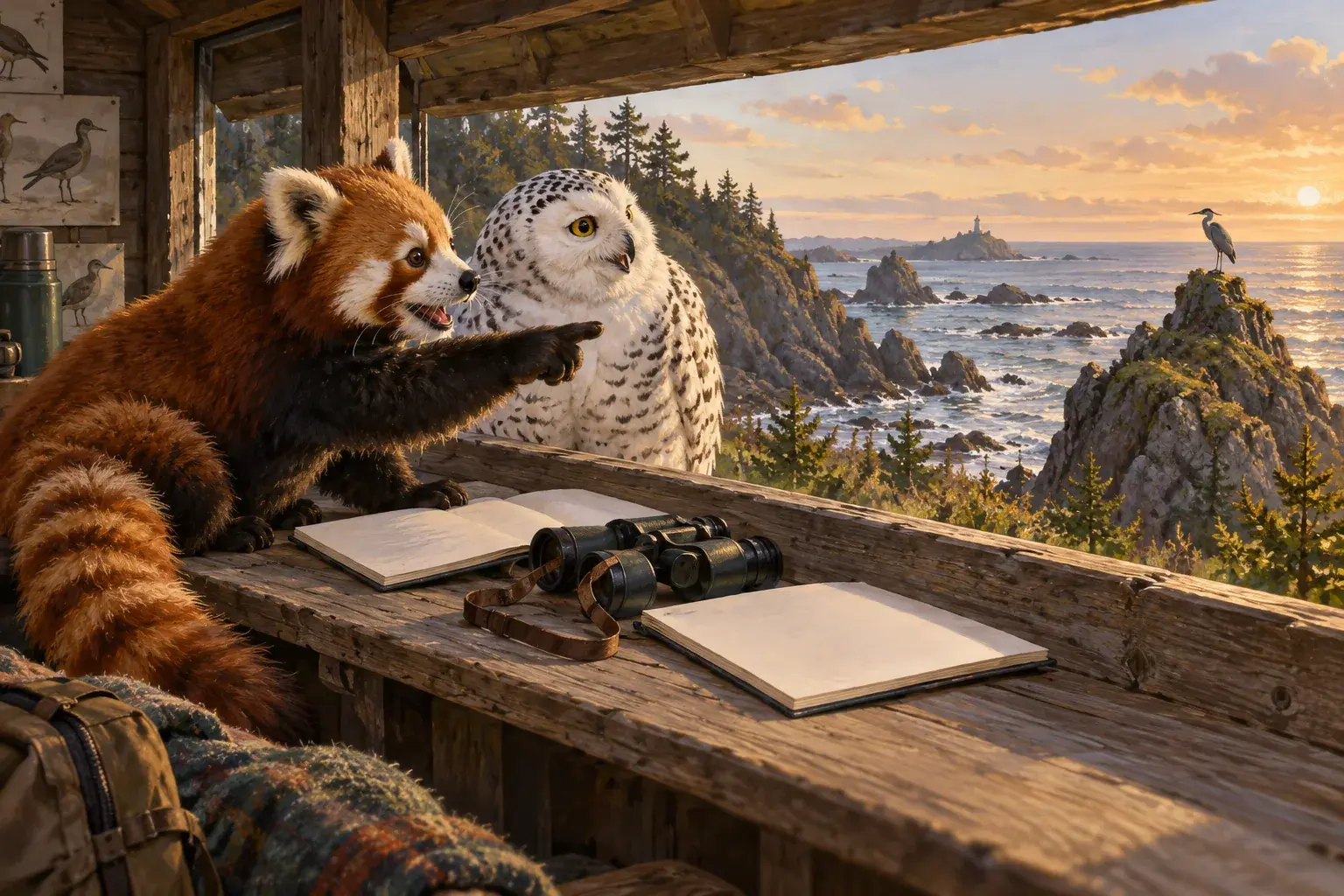 The owl and panda compare observation pages beside binoculars in a birdwatching shelter.