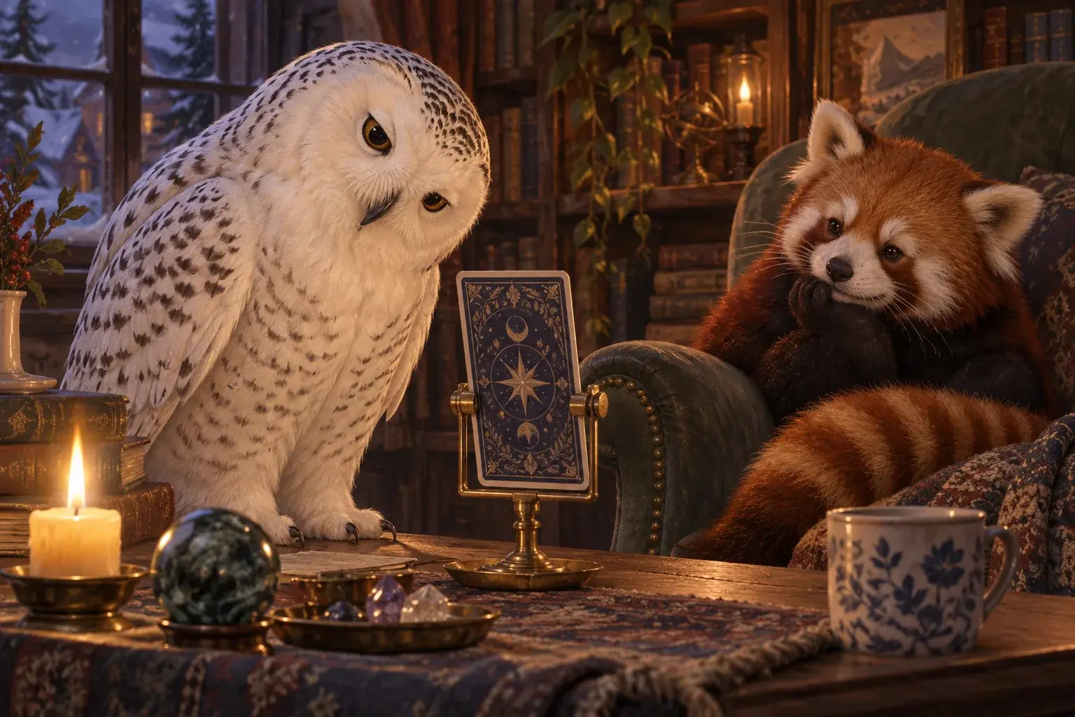 An owl examines a rotated card back on a stand while the panda watches.