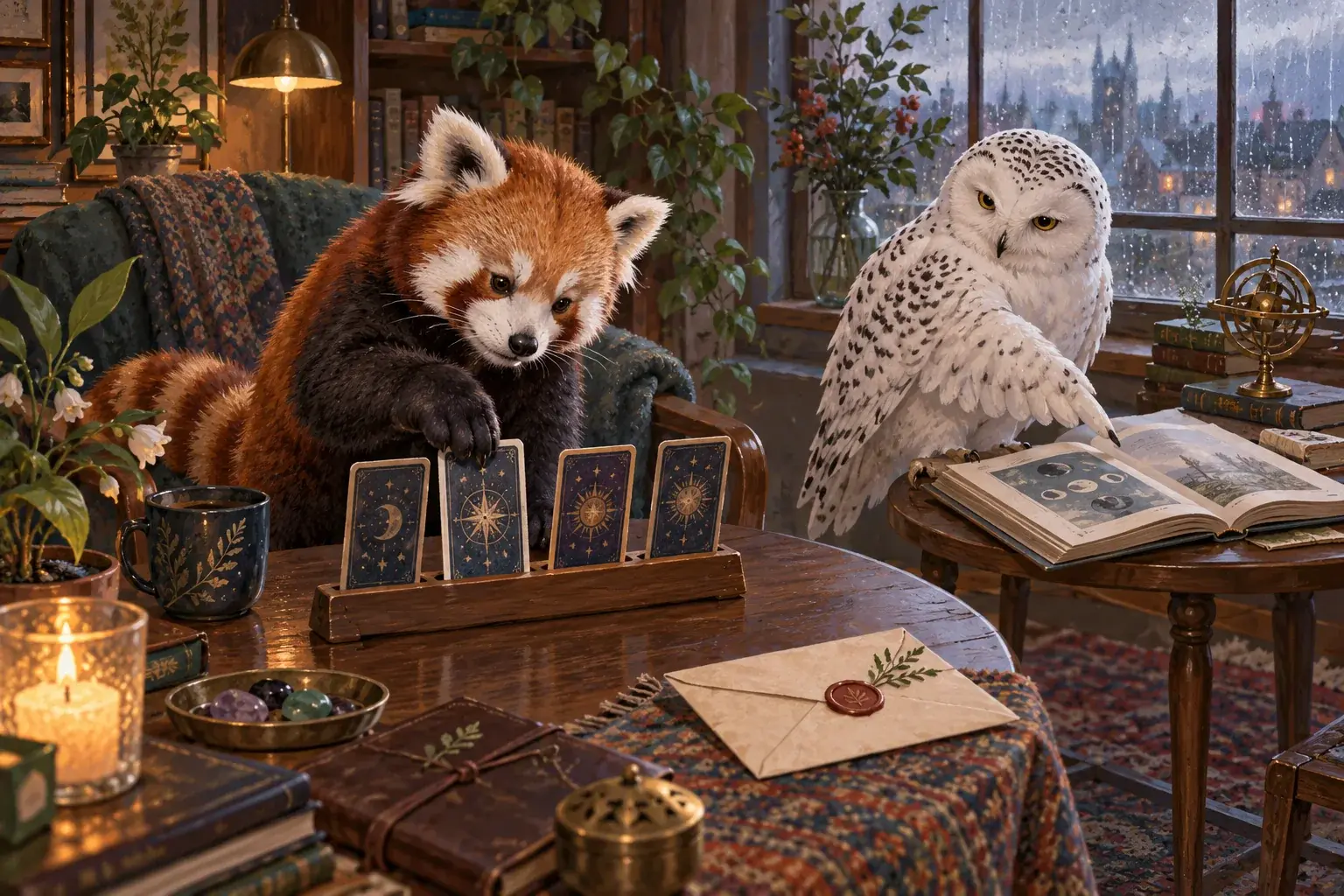 The panda adjusts a card stand beside an open guide and a manuscript envelope.