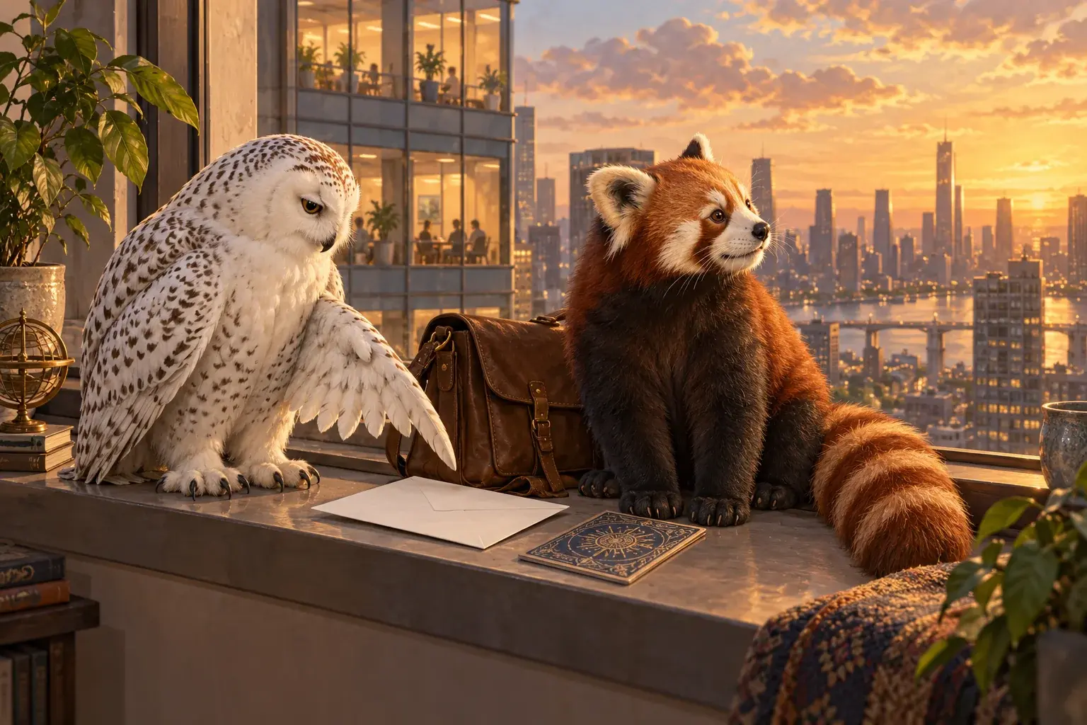 A panda and owl consider an offer envelope beside a work bag at a city window.