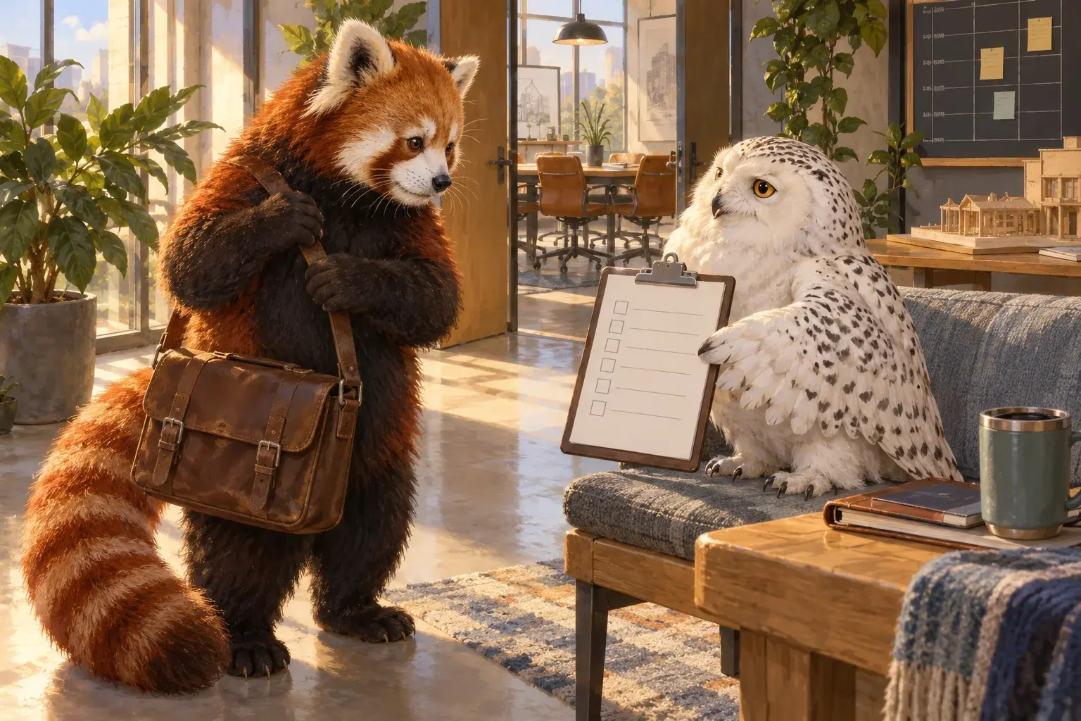 The panda checks a work bag while the owl presents a clipboard outside a meeting room.