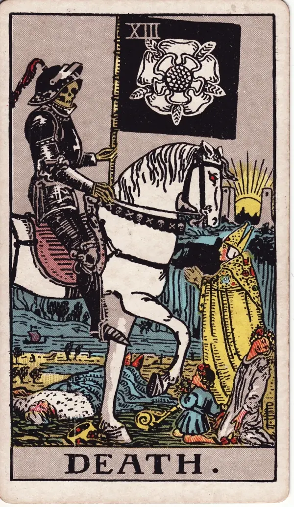 Death from the Rider-Waite-Smith deck, illustrated by Pamela Colman Smith.