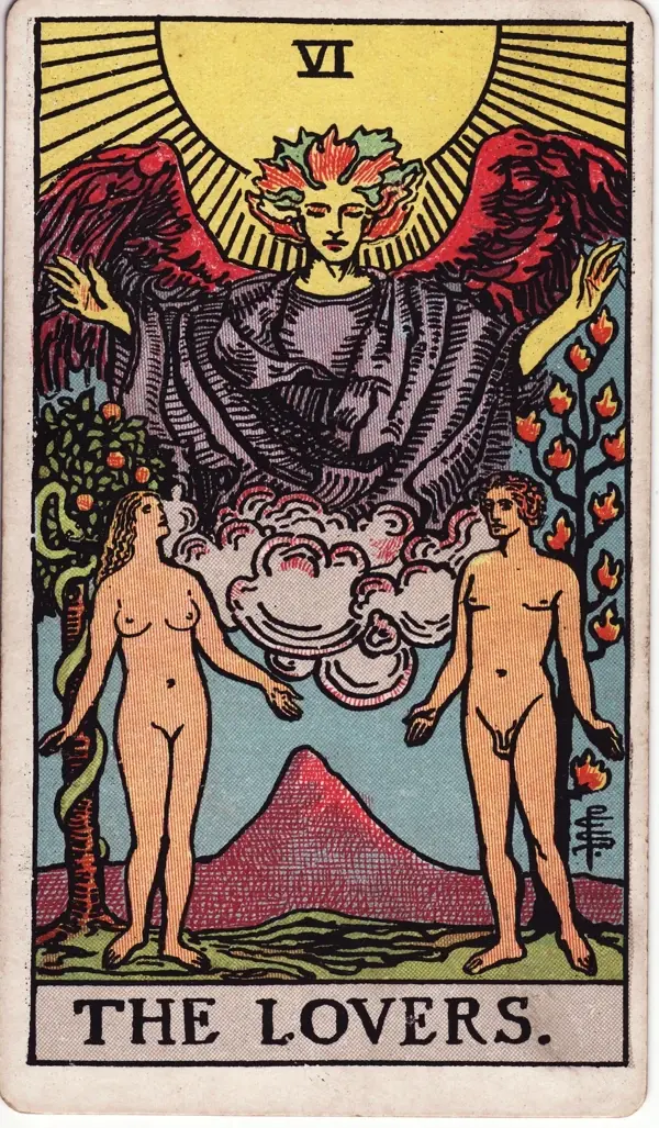 The Lovers from the Rider-Waite-Smith deck, illustrated by Pamela Colman Smith.