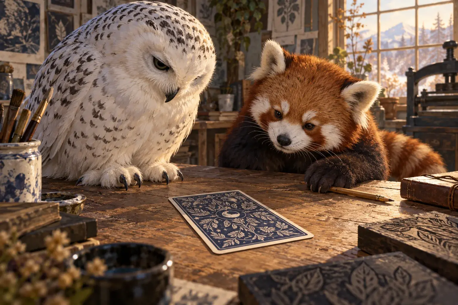 An owl and red panda examine one patterned card on a studio workbench.