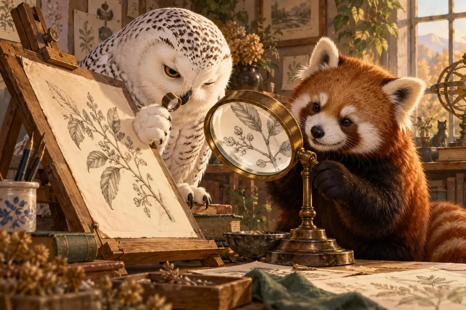The owl uses a loupe while the red panda adjusts a magnifying lens beside an engraving.