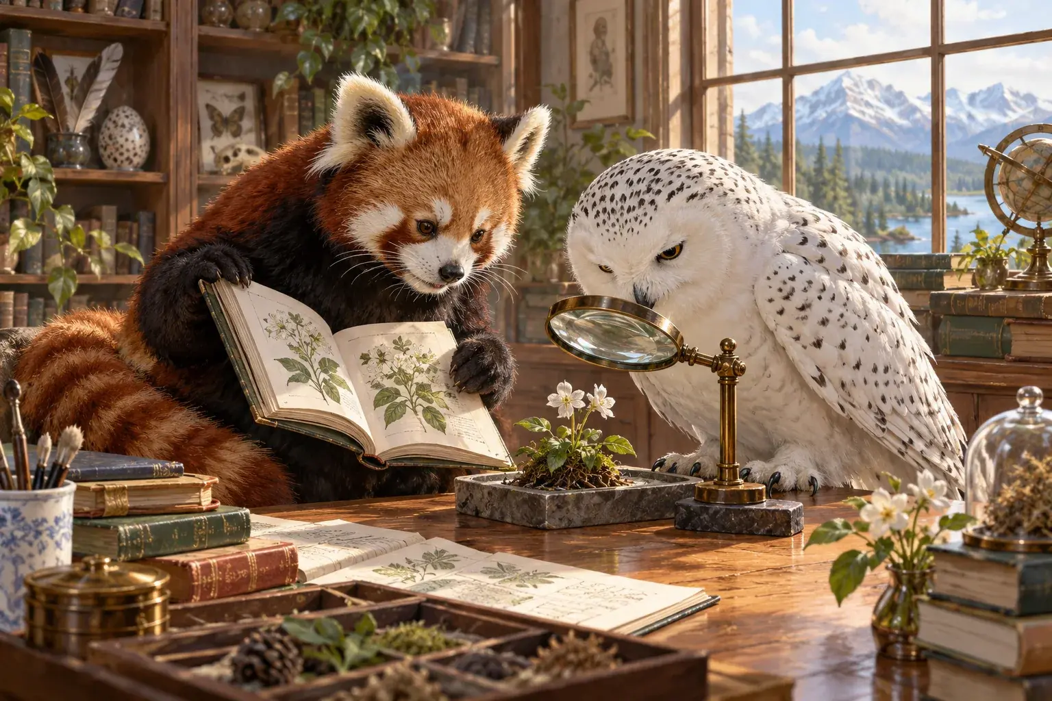 The owl examines a botanical specimen while the panda compares it with a reference book.