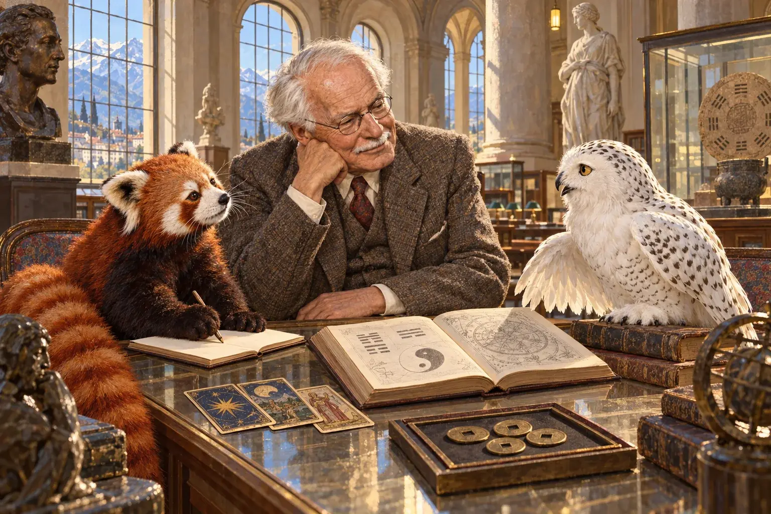 Illustration of Jung holding a book during a gallery conversation.