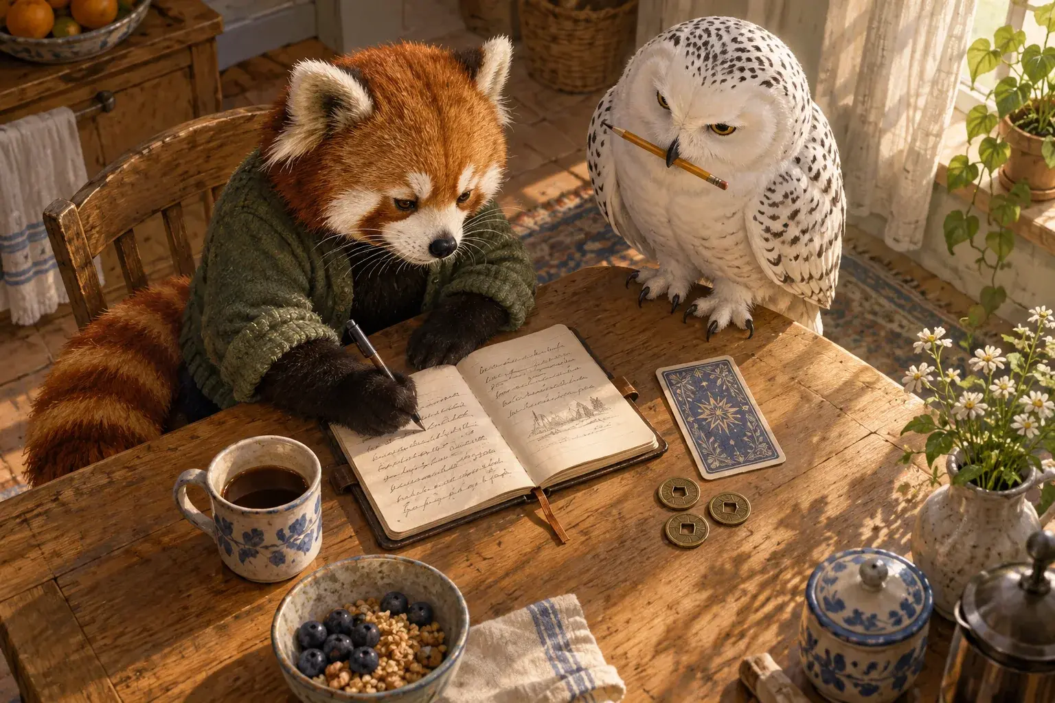 The panda writes in a journal while the owl brings a pencil to the breakfast table.