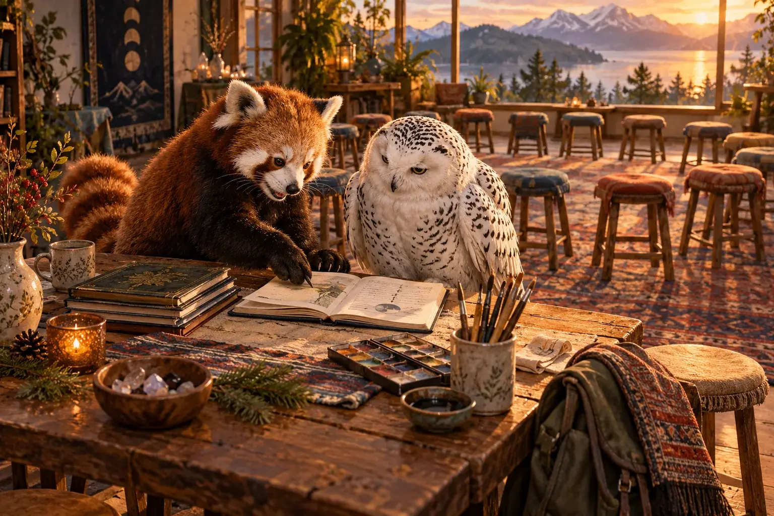 The owl and panda review a notebook beside materials after a community workshop.