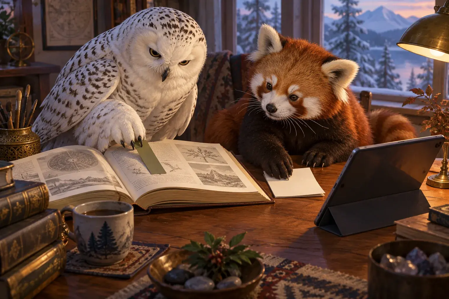 The owl indicates a book passage while the panda places a note beside a tablet.