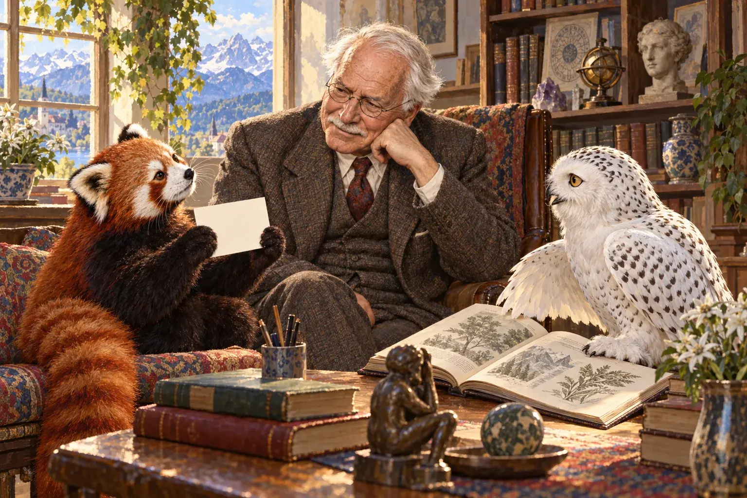 Illustration of Jung listening during a discussion in a study.
