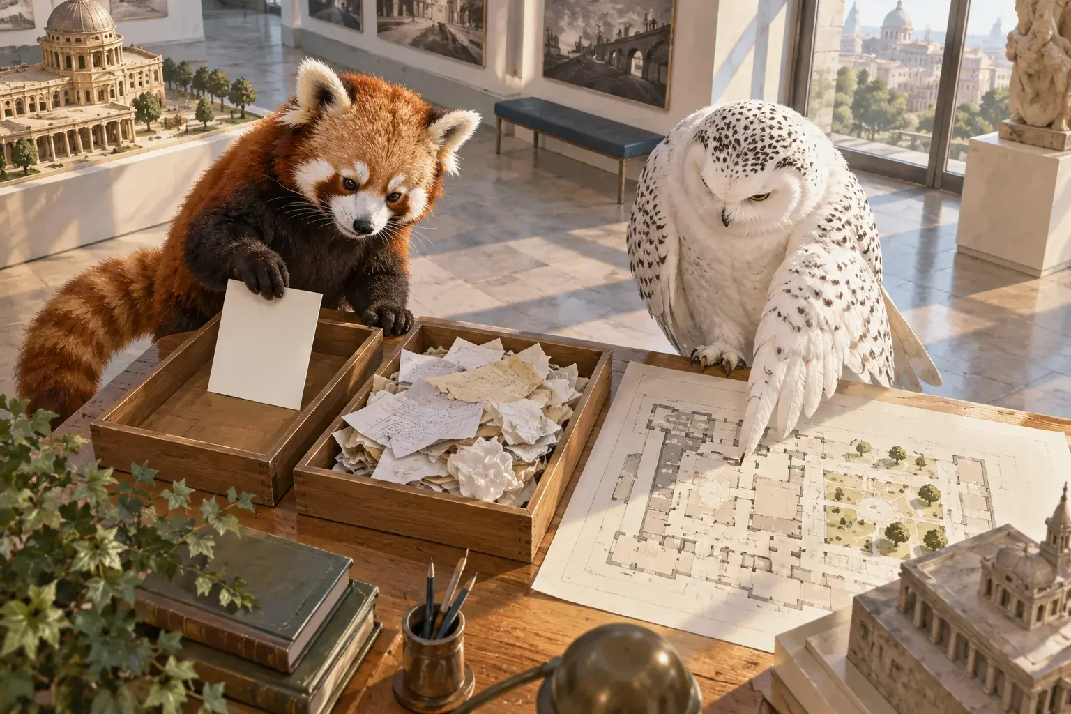 The panda and owl separate a note and venue plan from loose draft pages.