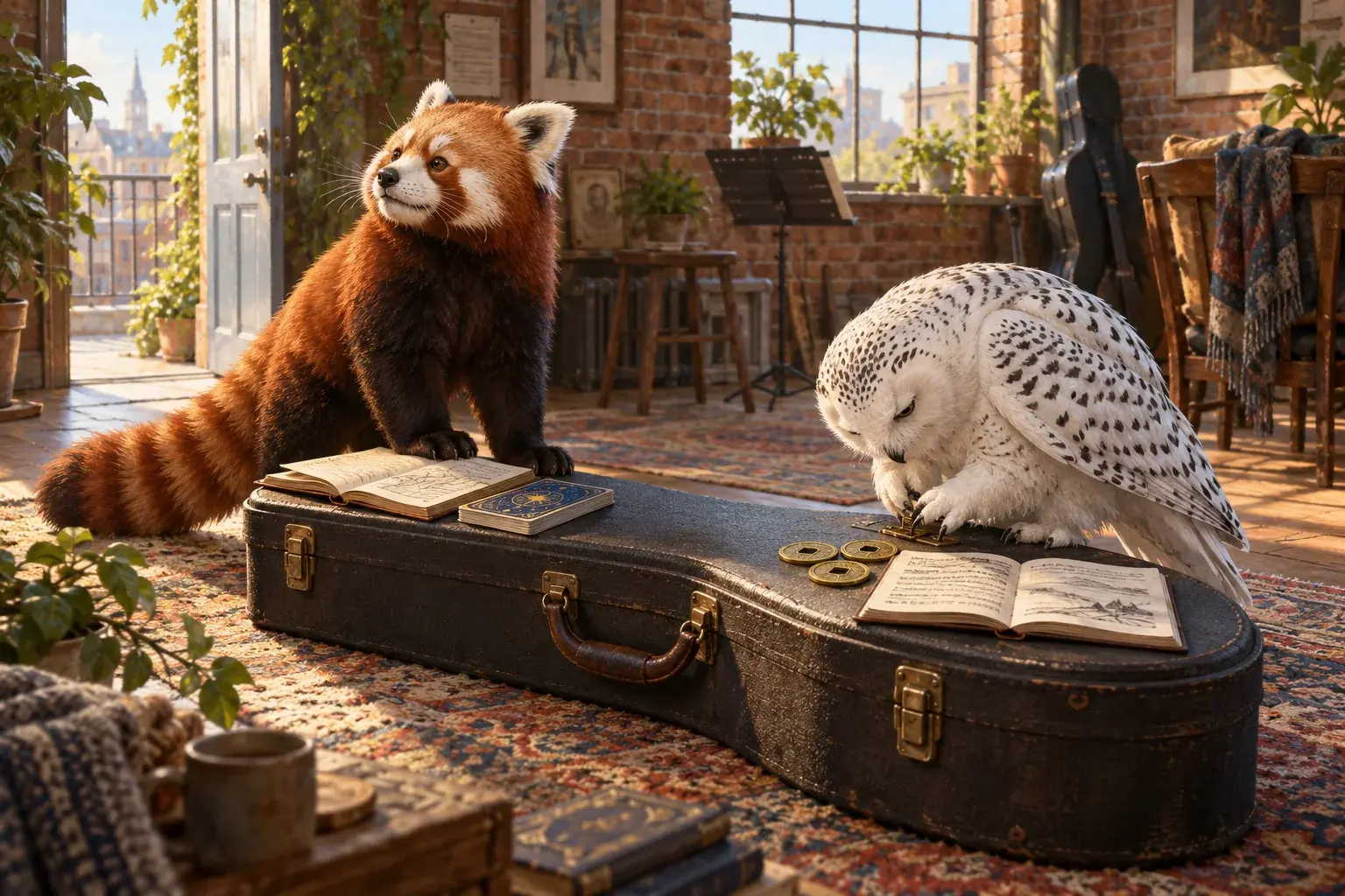 The panda and owl compare two notebooks beside an instrument case.