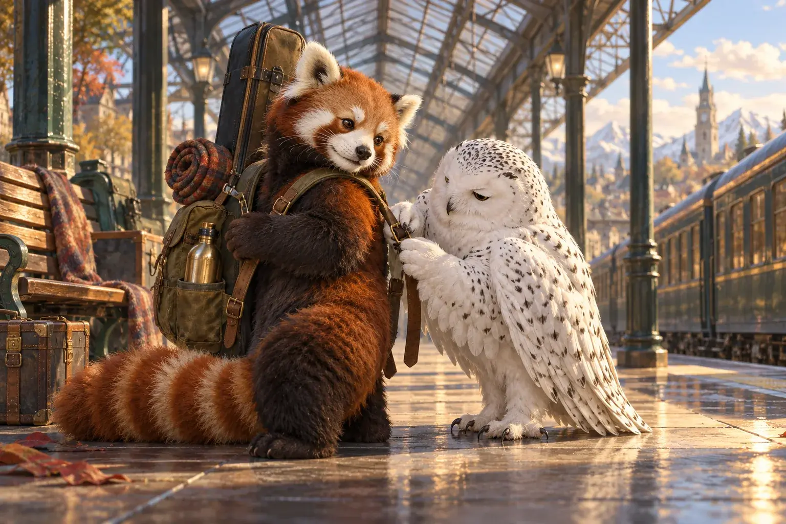 The owl checks a bag strap beside the panda on a railway platform.