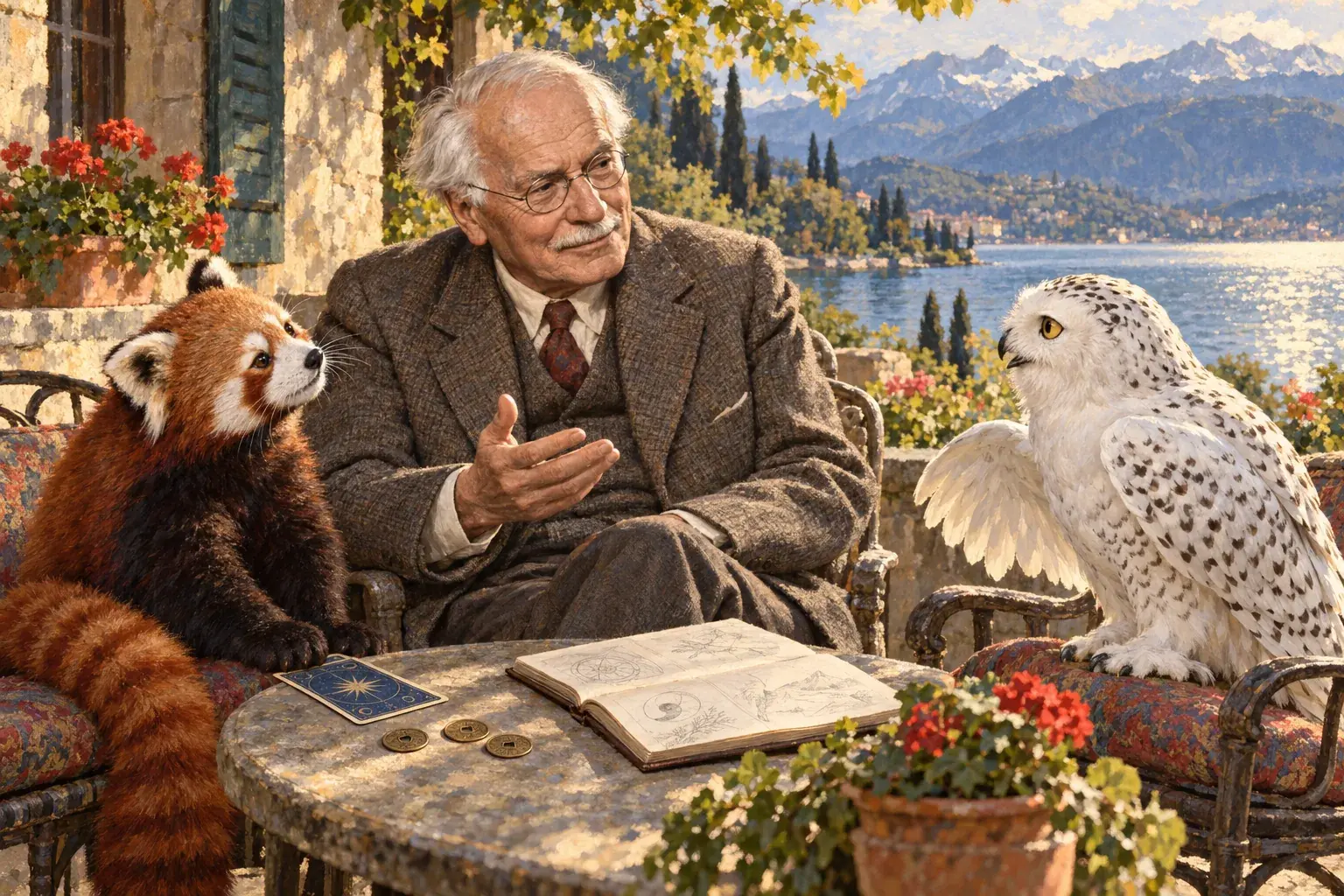 Illustration of Carl Jung in conversation beside a Swiss lake.