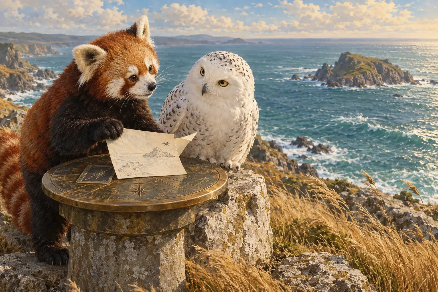 A red panda holds a small illustrated note at a seaside lookout while a snowy owl compares it with a distant island.