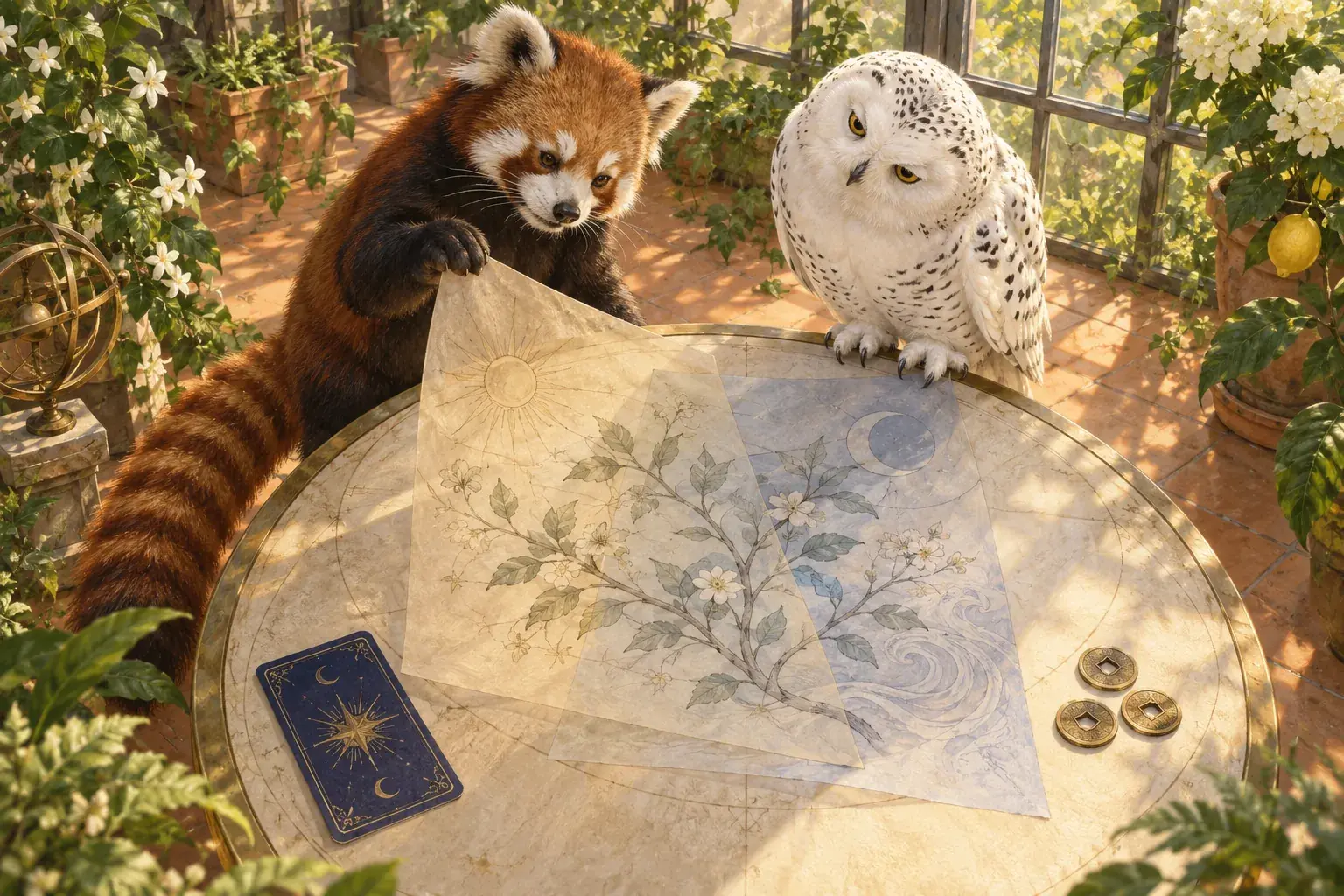 A red panda and snowy owl compare overlapping botanical drawings in a sunlit glasshouse, beside a card back and three coins.