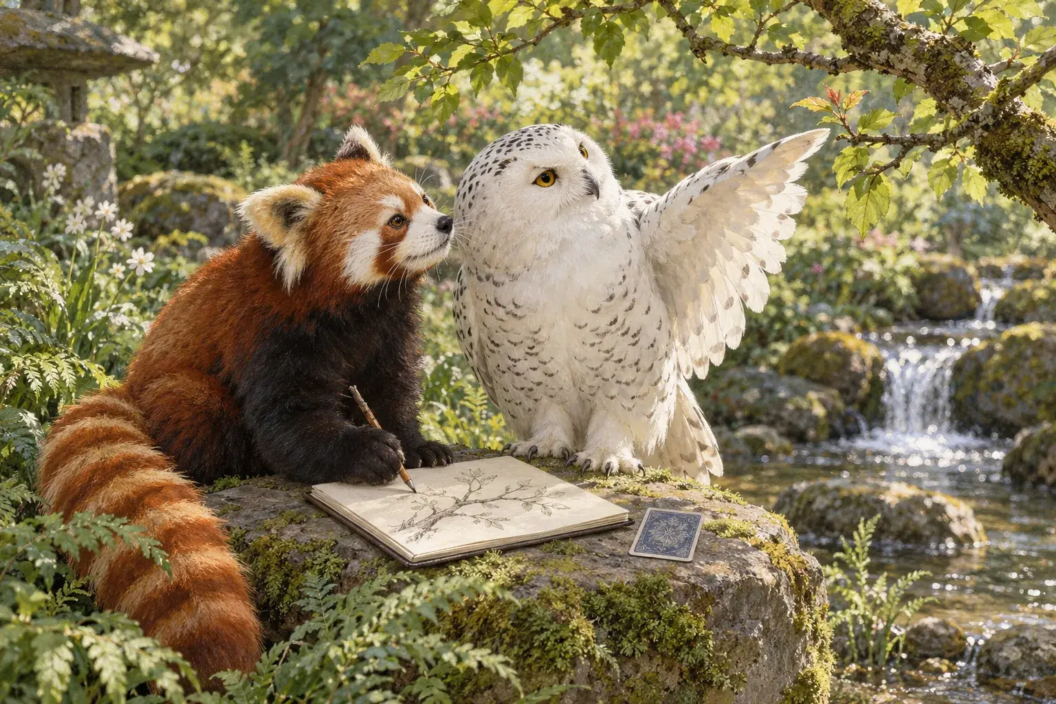A snowy owl draws attention to a fresh shoot above a stream as a red panda compares it with a branch sketch.