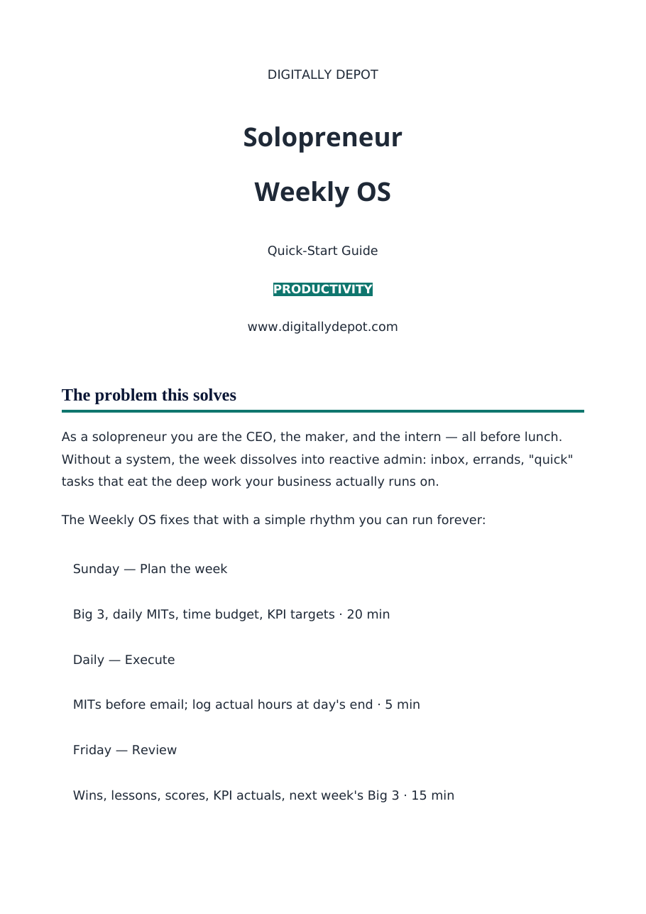 From the Quick-Start Guide: the weekly rhythm and the Sunday setup ritual.