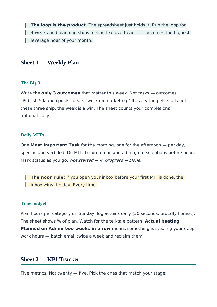 From the Quick-Start Guide: the weekly rhythm and the Sunday setup ritual.