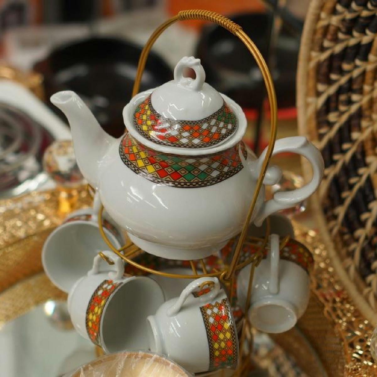 Porcelain Teapot & Cups Set with Gold Display Stand