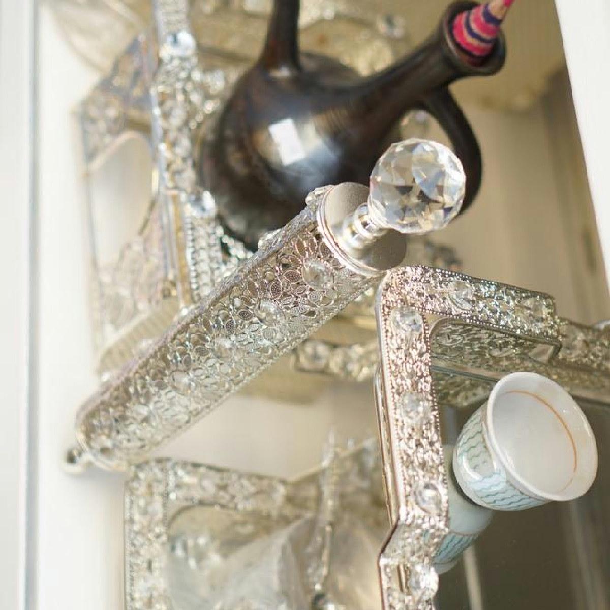 Ornate Mirrored Serving Tray with Crystal-Effect Handle